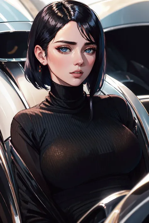 fancy car, <lora:c4rg1rl-v1:1>, stunning intricate full color portrait, wearing a black turtleneck, epic character composition, by ilya kuvshinov, alessio albi, nina masic, sharp focus, natural lighting, subsurface scattering, f2, 35mm, film grain