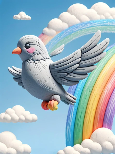 ais-crayz pigeon flying in the sky, past a rainbow and fluffy clouds <lora:Kids_Crayon_Style_SDXL:1>