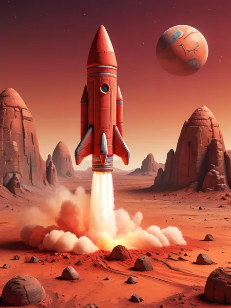 ais-crayz a rocket is launching from Earth on a mission to explore Mars. Show the rocket against the backdrop of a red Martian sky, with the planet's surface and rocky terrain below, <lora:Kids_Crayon_Style_SDXL:0.8>