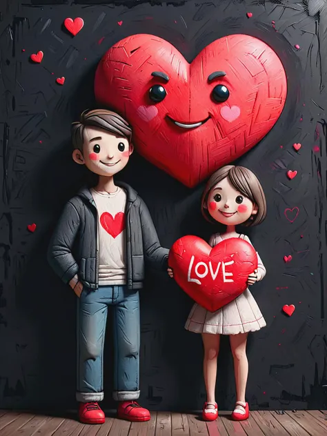 ais-crayz, illustration cute drawing of Man with woman happy face , man holding big red heart with (text: "LOVE":1.2) on the black wall , <lora:Kids_Crayon_Style_SDXL:0.8>