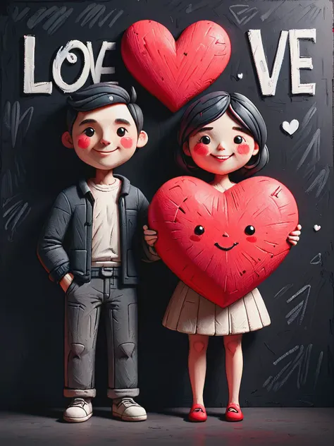 ais-crayz, illustration cute drawing of  Man with woman happy face , man holding big red heart with (text: "LOVE":1.2) on the black wall ,  <lora:Kids_Crayon_Style_SDXL:0.8>