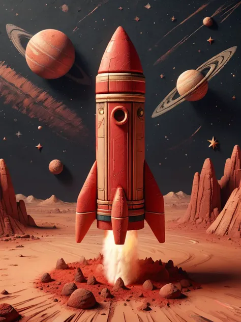 ais-crayz a rocket is launching from Earth on a mission to explore Mars. Show the rocket against the backdrop of a red Martian sky, with the planet's surface and rocky terrain below, <lora:Kids_Crayon_Style_SDXL:0.8>