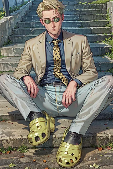 NanamiBase, goggles, grey jacket, yellow necktie, leopard print, blue shirt, collared shirt, grey pants, <lora:Char_JujutsuKaisen_KentoNanami:1>, edgCrocs, crocs, socks, wearing edgCrocs sandals, <lora:Outfit_Crocs:1>, full body, sitting, stairs,
