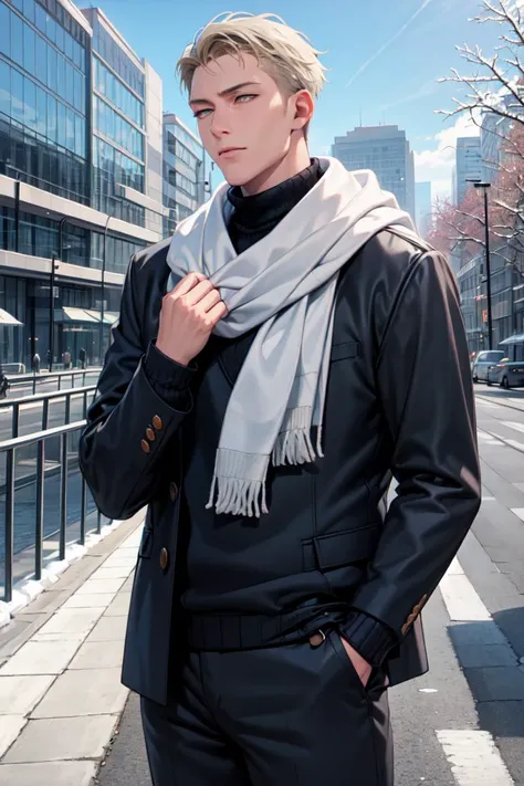 masterpiece, best quality, absurdres, KentoNanami, turtleneck sweater, ribbed sweater, scarf, outdoors, snow, <lora:CHAR-KentoNanami:1>