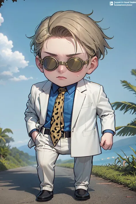 masterpiece, best quality, absurdres, NanamiBase, goggles, grey jacket, yellow necktie, leopard print, blue shirt, collared shirt, grey pants, <lora:CHAR-KentoNanami:1>, <lora:style_walfie-20:1.1>, chibi