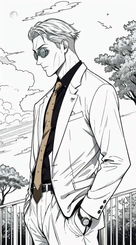 <lora:CHAR-KentoNanami:1.0> nanamibase,  muscular,   mature, goggles,  full_moon, stars, full body, grey jacket,  cloudy, night, yellow tie, expressionless,   tree, <lora:animeoutlineV4_16:0.7> , lineart,, best quality,highly detailed,masterpiece