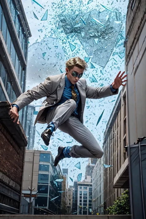 NanamiBase, goggles, grey jacket, yellow necktie, leopard print, blue shirt, collared shirt, grey pants, <lora:Char_JujutsuKaisen_KentoNanami:0.9>, Parkour, broken glass, <lora:Pos_Parkour:0.9>, reflection, street, jumping, holding wall, broken mirror,