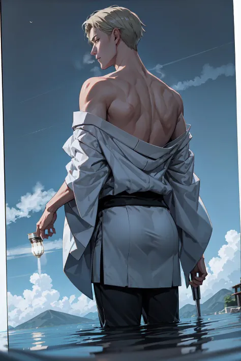 KentoNanami, <lora:Char_JujutsuKaisen_KentoNanami:1>, kimono, from behind, off shoulder, shoulder blades, <lora:Pos_OffShoulderKimono:1>, outdoors, night, onsen, lamp, steam, breath,