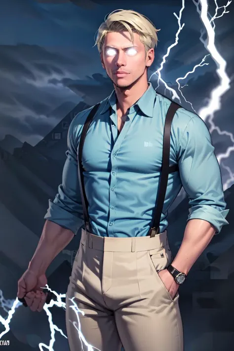 masterpiece, best quality, absurdres, NanamiBase, blue shirt, collared shirt, suspenders, grey pants, <lora:CHAR-KentoNanami:1>, <lora:LowTierMeme:1>, IncrsLowTier, electricity, glowing eyes