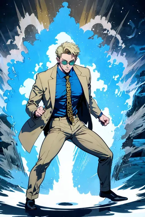 masterpiece, best quality, absurdres, 1boy, solo, NanamiBase, goggles, grey jacket, yellow necktie, leopard print, blue shirt, collared shirt, grey pants, <lora:CHAR-KentoNanami:1>, <lora:DBKiCharge:0.8> Ki Charge, aura, fighting stance, blue aura