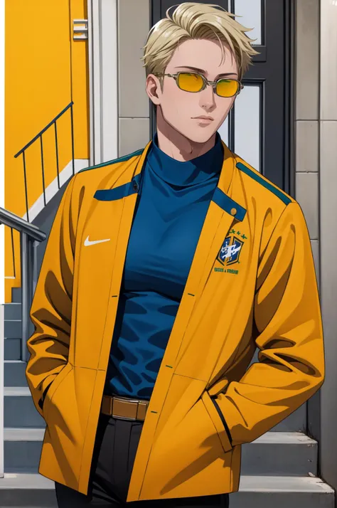 masterpiece, best quality, solo, <lora:CHAR-KentoNanami:1> KentoNanami, NanamiBase, yellow jacket, <lora:BrazilAttire-06V5:0.8> brazil attire, juliet sunglasses