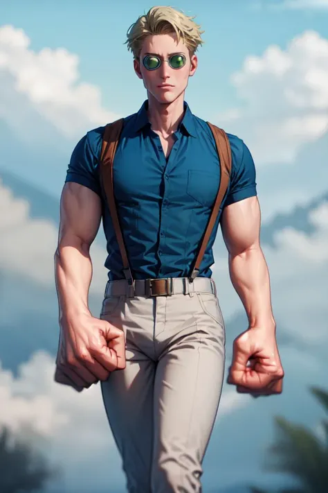 masterpiece, best quality, absurdres, 1boy, solo, NanamiBase, goggles, blue shirt, collared shirt, suspenders, grey pants, <lora:CHAR-KentoNanami:1>, <lora:mdyk-000071:1.0> mdyk, oversized forearms, muscular arms