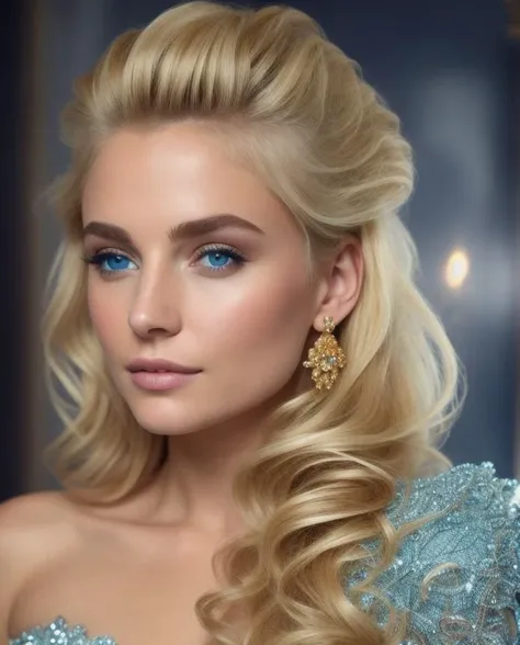 Elsa, best quality, Elegant,Elegance masterpiece, Decor, Luxurious, Mandelbulb gold, extremely delicate and beautiful, extremely detailed ,CG ,unity ,8k wallpaper, Amazing, finely detail, masterpiece, best quality, official art, extremely detailed CG unity 8k wallpaper, ultra-detailed, high res, extremely detailed,dress blue  on ice,city ice, hair blonde, perfect face, hair blonde ,perfect anatomy, beautiful features, beautiful eyes, well proportioned, Hyper Detailed, Surface Detail, Perfection,