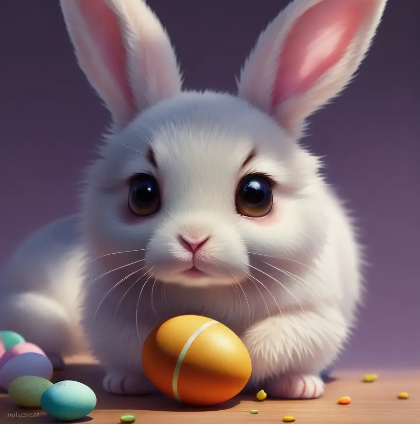 Beautiful little bunny with dreamy eyes, volumetric light, hyper realistic, intricate detail, illustration, painting, watercolor, kawaii chibi, eating easter egg, Aww!, Shallow depth of field, pastel color palette, Soft Lighting, Minimalistic, Modern, Digital painting, art by lois van baarle and ross tran and artgerm, Trending on Artstation HQ, highly detailed