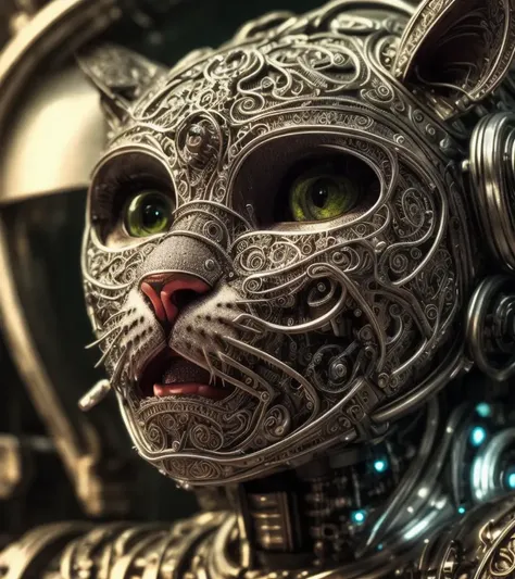 a cute kitten made out of metal, cyborg, cyberpunk style, ((intricate details)), hdr, ((intricate details, hyperdetailed)), cinematic shot, vignette, PERFECT (((gorgeous FACE))), highly detailed, INTRICATE