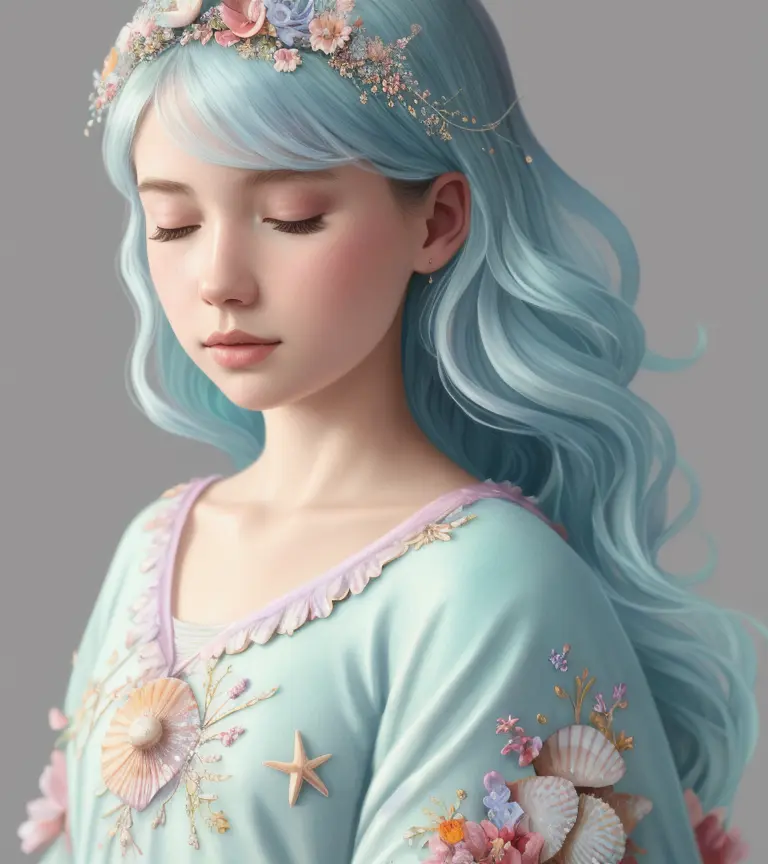 Princess girl with wing, Blue, Pastel, glitter, dramatic, dreamy, pastel, Watercolor, Whimsical, Delicate, seashell crown, Trending on Artstation, Highly detailed, Intricate, Portrait, digital painting, Fantasy theme, Fantasy robes, Fantasy concept art, Fantasy character art, Smug, Teenage girl, perfect body, full body, dreamy, pastel, Watercolor, Whimsical, Delicate, seashell crown, art by loish and lois van baarle, Trending on Artstation, Highly detailed, Intricate, Portrait, digital painting