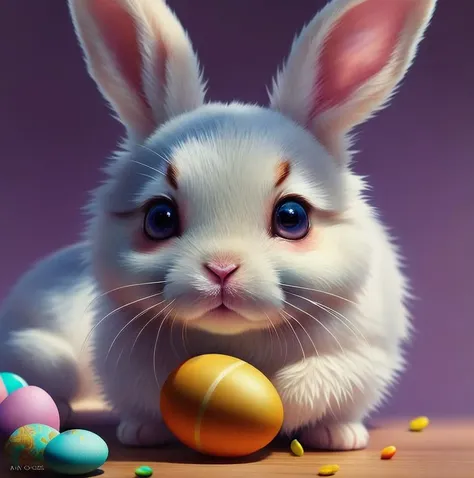 Beautiful little bunny with dreamy eyes, volumetric light, hyper realistic, intricate detail, illustration, painting, watercolor, kawaii chibi, eating easter egg, Aww!, Shallow depth of field, pastel color palette, Soft Lighting, Minimalistic, Modern, Digital painting, art by lois van baarle and ross tran and artgerm, Trending on Artstation HQ, highly detailed