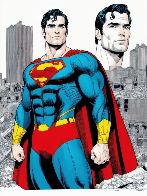 Henry cavill is superman ,  superhero, upper body, illustrator by Jorge Jimnez , colours,  draw comic, 1boy, building destroyed