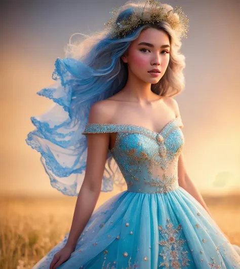 a photography, HD,, photo, woman, beautiful dress ornate, in the style of stefan kostic, realistic, half body shot, sharp focus, 8 k high definition, insanely detailed, intricate, elegant, art by stanley lau and artgerm, extreme blur flames background, Princess girl with wing, Blue, Pastel, glitter, dramatic, dreamy, pastel, Watercolor, Whimsical, Delicate, seashell crown, Trending on Artstation, Highly detailed, Intricate, Portrait, digital painting, Fantasy theme, Fantasy robes, Fantasy concept art, Fantasy character art, Smug, Teenage girl, perfect body, full body, dreamy, pastel, Watercolor, Whimsical, Delicate, seashell crown masterpiece, 8k, perfect lighting, , adult, female, cowboy shot, looking at viewer, cinematic lighting, Fawn