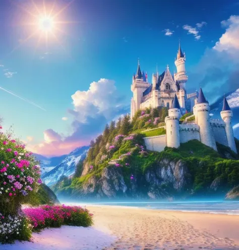castle, flowers, delicate scene, sky,white clouds,and sunlight shine on the snow-white beach. flowers roses and shiny large shells, diamond crystal, on the beach, fantasy, sky night , moon, smoke , fire, photo, HD, 8K ,