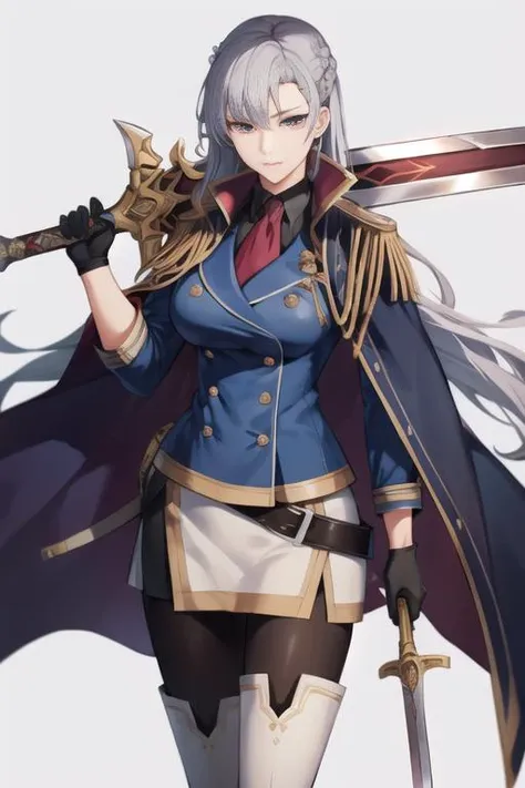 <lora:aurelialeguin:0.7> aureliablue, 1girl, solo, long hair, crown braid, french braid, blue jacket, military uniform, weapon, sword, holding, holding weapon, holding sword, over shoulder, weapon over shoulder, sword over shoulder, hand on hip, cape, epaulettes, black gloves, belt, black pantyhose, ascot, white skirt, boots, necktie, large breasts, double-breasted, buttons, weapon, sword, holding, holding weapon, holding sword, over shoulder, weapon over shoulder, sword over shoulder, hand on hip,