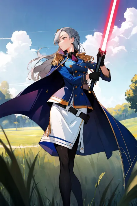 masterpiece, best quality, aureliablue, 1girl, solo, long hair, crown braid, french braid, blue jacket, military uniform, cape, epaulettes, black gloves, belt, black pantyhose, ascot, white skirt, boots, necktie, large breasts, double-breasted, buttons, field, sky, clouds, schoolhouse, holding, weapon, lightsaber <lora:aurelialeguin-final-sucha:0.9> <lora:UnlimitedBladeWorksV1:0.7>