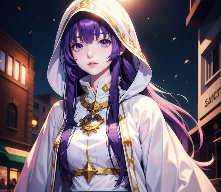 1girl, priestess, in the city, night, portrait, white clothes, purple hair, long hair
<lora:Magical-10:0.65>