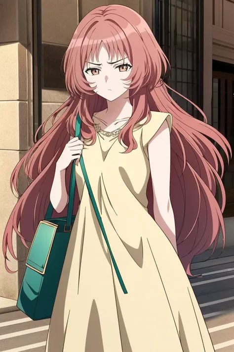 ä¸éç±,<lora:ä¸éç±1V:0.6>,1girl,solo,ä¸éç±,long hair,red hair,multicolored hair,brown hair,brown eyes,pink hair,bangs,
frown,street,light smile,
yellow dress,collarbone,green_bag,sleeveless,, Exquisite visuals, high-definition,masterpiece,best quality,