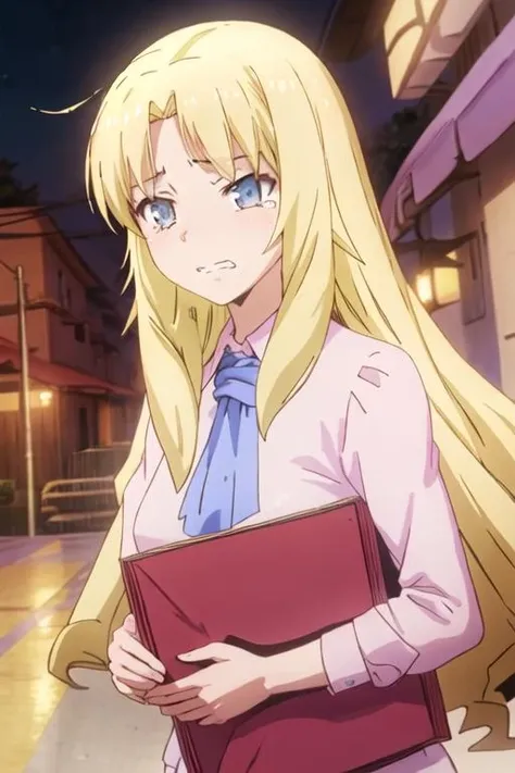 best quality, masterpiece, highres, solo, {rita_ainsworth_sakurasounopetnakanojo:1.15}, blonde_hair, long_hair, blue_eyes, bangs, closed_mouth, clenched_teeth, closed_eyes, tears, teeth, 1girl, night, multiple_girls