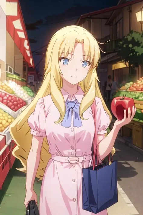 best quality, masterpiece, highres, solo, {rita_ainsworth_sakurasounopetnakanojo:1.15}, blonde_hair, long_hair, blue_eyes, bangs, closed_mouth, 1girl, bag, food, night, outdoors, fruit, spring_onion, upper_body, groceries, grocery_bag, shopping_bag, short_sleeves, apple