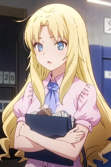 best quality, masterpiece, highres, solo, {rita_ainsworth_sakurasounopetnakanojo:1.15}, blonde_hair, long_hair, blue_eyes, bangs, closed_mouth, 1girl, open_mouth, upper_body, anime_coloring, parted_bangs