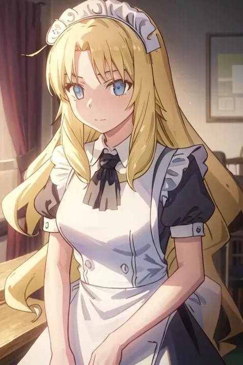 best quality, masterpiece, highres, solo, {maid:1.40}, {long maid dress:1.15}, {rita_ainsworth_sakurasounopetnakanojo:1.15}, blonde_hair, long_hair, blue_eyes, bangs, closed_mouth