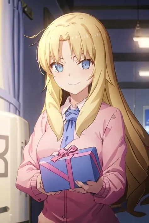 best quality, masterpiece, highres, solo, {rita_ainsworth_sakurasounopetnakanojo:1.15}, blonde_hair, long_hair, blue_eyes, bangs, closed_mouth, 1girl, >:\), smile, box, gift, holding, long_sleeves, v-shaped_eyebrows, indoors