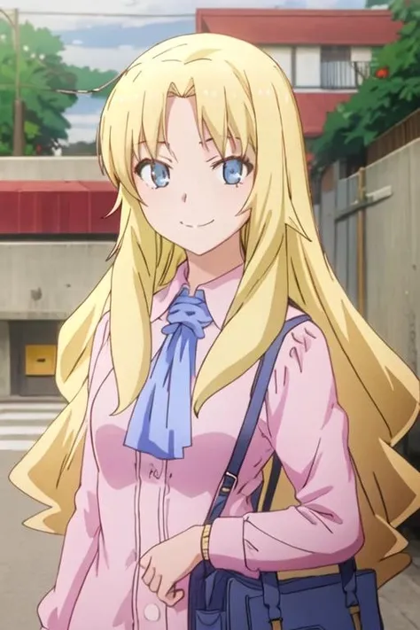 best quality, masterpiece, highres, solo, {rita_ainsworth_sakurasounopetnakanojo:1.15}, blonde_hair, long_hair, blue_eyes, bangs, closed_mouth, 1girl, anime_coloring, smile, upper_body, looking_at_viewer