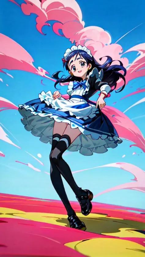 (masterpiece), best quality, (cel anime), highest quality, ((high detail:1.2)), (HDR), (cinematic light:1.1), highres, (fingers 5 fingers), (ultimate cute girl), highres, 1girl, solo, (little girl:1.5), (full body), dress, blue hair, hair ornament, skirt, hairclip, (maid dress:1.5), (long skirt1.5),(maid apron), long sleeves, (thighhighs:1.5), (forml shoes), blue sky, park, <lora:honoka_yukishiro_v1:0.8>,(yukishiro honoka),(honokacos1:1.5), smile,(model pose), <lora:flat2:-0.5>, <lora:GoodHands-beta2:2>,