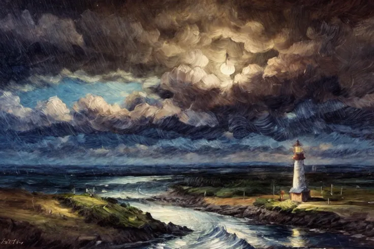 a painting by mse, a lighthouse in a stormy night, light rays, <lora:add_detail:2.0>