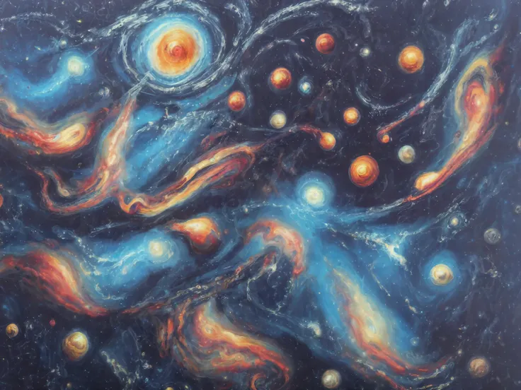 Starry night sky, morphing galaxies, (melting celestial bodies), levitating planets, distorted constellations, surreal cosmic ballet, flowing nebulae, warped comet trails, shimmering ethereal energy, surreal melding of astral forms, interdimensional vortex, melting space-time fabric, levitating stardust, fragmented cosmic mirrors, surreal fusion of cosmic energies.Oil on canvas, iridescent pigments, metallic accents, reflective varnish.