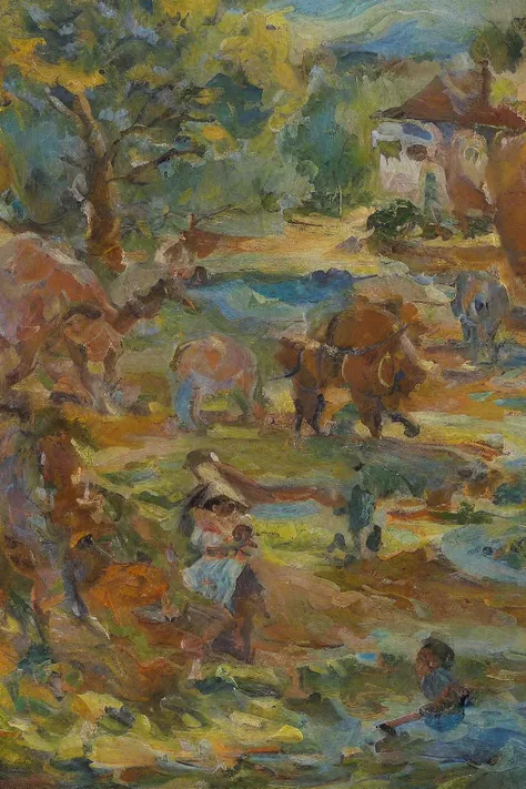 (impressionist style:1.4), ((A giant beast is chasing little people.), (((surprised and wide open eyes))), (((strong surprise on his face))), highly detailed, ),(Action Painting:1.3) john j. joseph