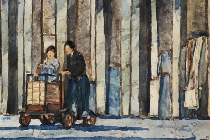 ((masterpiece, best quality)),chinese,watercolor,a watercolor painting of a woman standing next to a cart with a baby in it and a baby in it, 1boy, denim, from_behind, ground_vehicle, jeans, pants, shirt, striped, striped_pants, striped_shirt