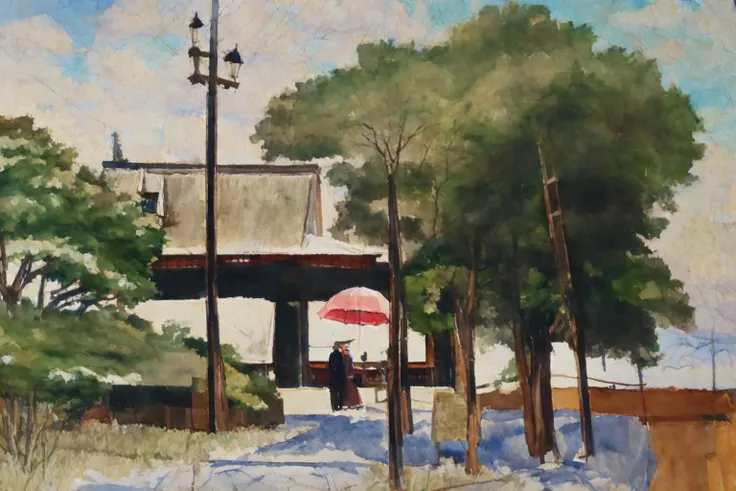 ((masterpiece, best quality)),chinese,watercolor,a watercolor painting of two people sitting under an umbrella with a chair and a chair behind them and a man standing next to a chair, 1girl, 2boys, jacket, long_sleeves, multiple_boys, painting_\(medium\), pants, simple_background, sitting, traditional_media, umbrella, watercolor_\(medium\), white_background