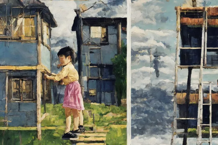 childhood of chinese kids, a painting of a man on a ladder painting a man on a ladder on a house with another man standing on a ladder, 2girls, bag, black hair, brown hair, jacket, multiple boys, multiple girls, outdoors, shoes, short hair, sneakers