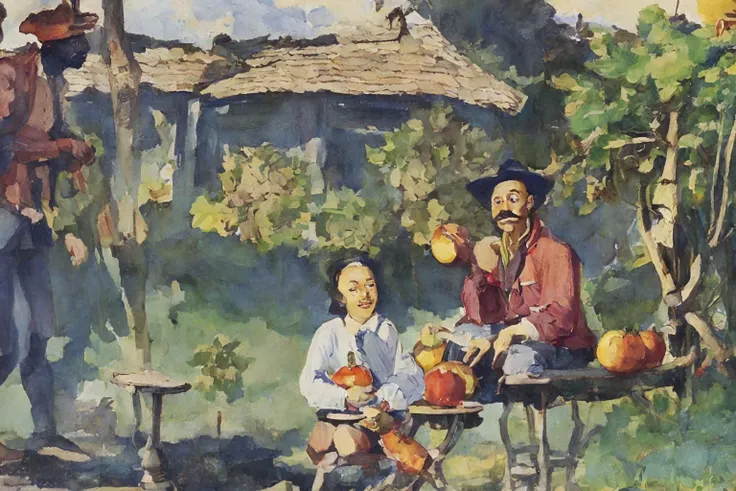 ((masterpiece, best quality)),chinese,watercolor,a man and woman sitting on a pile of fruit and vegetables next to a man standing on a stool, 1girl, 2boys, dark-skinned_male, dark_skin, facial_hair, hat, multiple_boys, mustache, old, old_man, plant, uniform