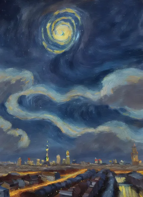 (painting by mse) (brush strokes) (vortex) professional artist, stars in night sky, van gogh style vortex in the sky, a award winning photo, Barcelona skyline, highly detailed, sharp focus, professional, 4k, max detail, highres,high detail, sharp focus, smooth, aesthetic, extremely detailed