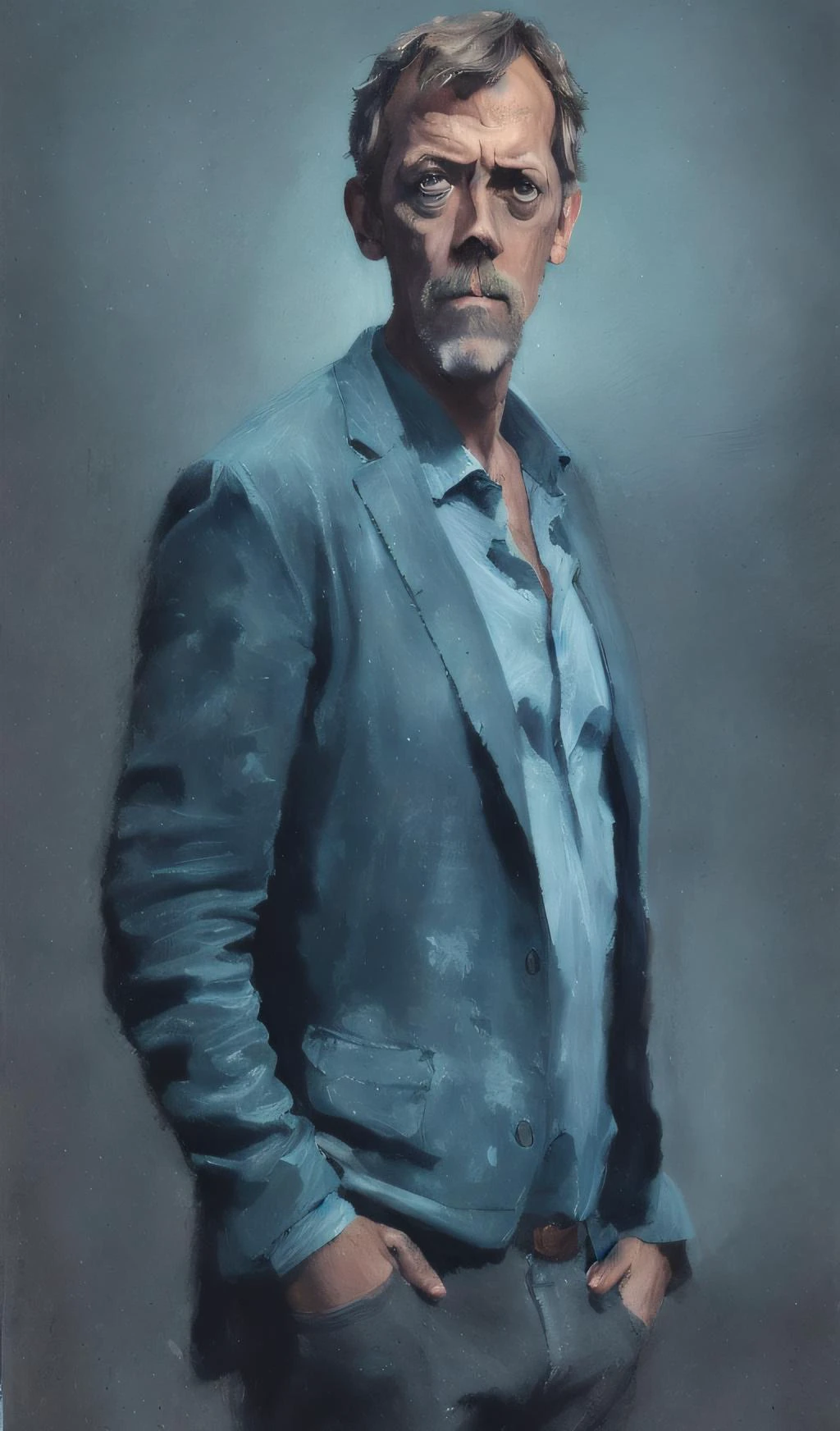 (painting by mse) portrait of a award winning photo of hugh laurie posing in a dark studio, (rim lighting,:1.4) two tone lighting, sharp focus, teal hue, octane, unreal, dimly lit, low key,, highly detailed, sharp focus, professional, 4k, max detail, highres, high detail, sharp focus, smooth, aesthetic, extremely detailed, photorealistic, realistic, post-processing, 8k, uhd,