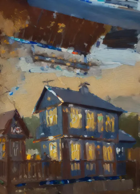 (painting by mse:2), wooden house by a river, sunset light, blue hour, golden hour, long shadows, highly detailed, sharp focus, professional, 4k, max detail, highres,high detail, sharp focus, smooth, aesthetic, extremely detailed