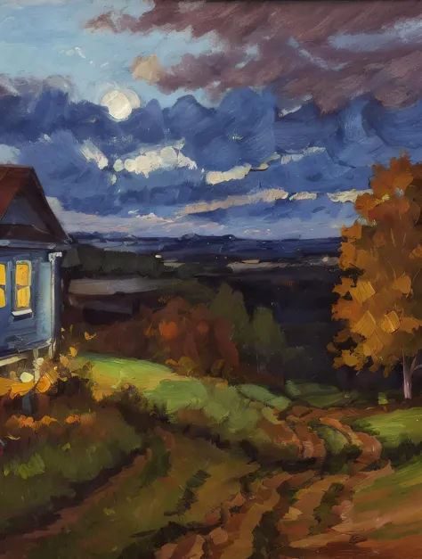 (a painting by mse) blue hour, fall, smooth, aesthetic, house in a field, clouds, a dirt path leading to the house,