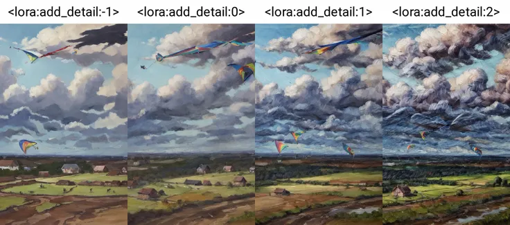 (a painting by mse) of a landscape with houses, mud road and clouds in the background and a kite flying in the sky above, highly detailed, sharp focus, professional, 4k, max detail, highres,high detail, sharp focus, smooth, aesthetic, <lora:epiNoiseoffset_v2:1> <lora:ghibli_style_offset:1> <lora:add_detail:-1>