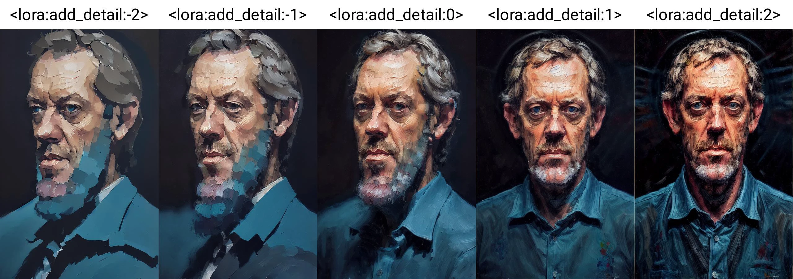 (a painting by mse) (close up) portrait of hugh laurie posing in a dark studio, (rim lighting,:1.4) two tone lighting, sharp focus, teal hue, dimly lit, low key, highly detailed, sharp focus, professional, 4k, max detail, highres, high detail, sharp focus, smooth, aesthetic, extremely detailed, <lora:epiNoiseoffset_v2:1> <lora:ghibli_style_offset:1> <lora:add_detail:-2>