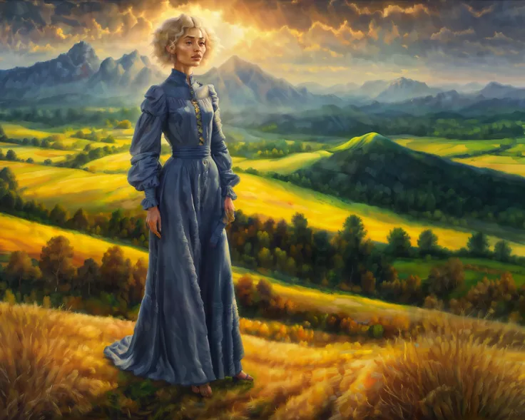 (a painting by mse) closeup of RoxieCipher, standing on a hill wearing a peasant dress, mountains, fields, rocks, outdoors, landscape