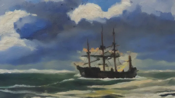 oil painting \(medium\), a ship in a storm